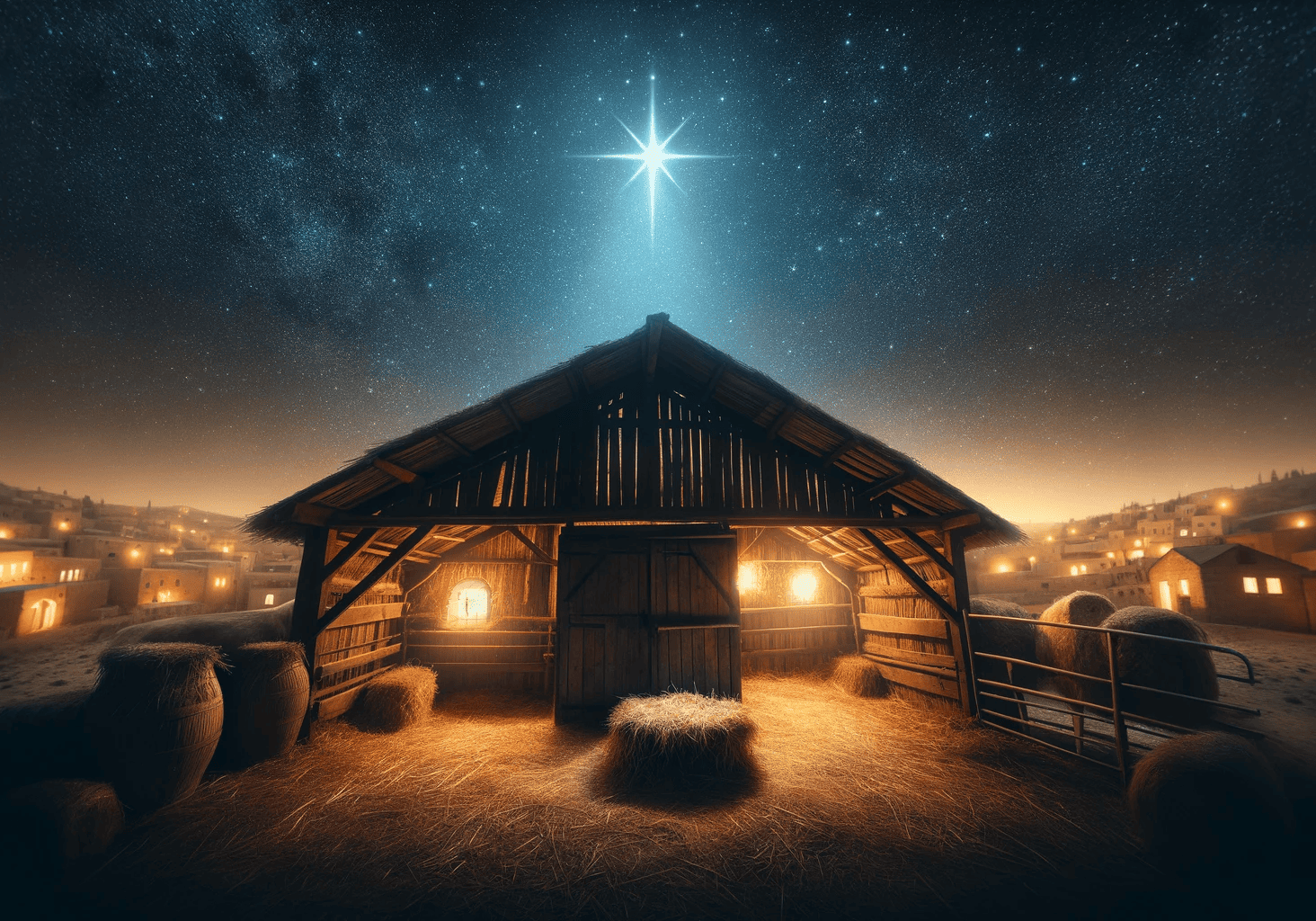 DALL·E 2023-12-28 17.44.09 - A panoramic, wide-angle image of the stable in Bethlehem under a night sky, with the Star of Bethlehem shining brightly above. The scene conveys a hum